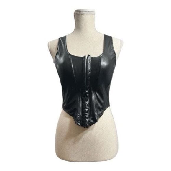 Gothic Black Faux Leather Corset Size Small Crop Top Bustier Boned Hook Closure - Picture 8 of 14